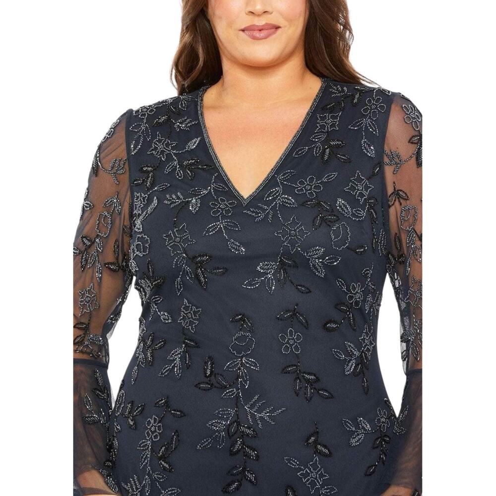 Mac Duggal Navy Beaded Mesh Bell Sleeve Tiered Ruffle Hem Evening Gown 16W - Picture 2 of 7